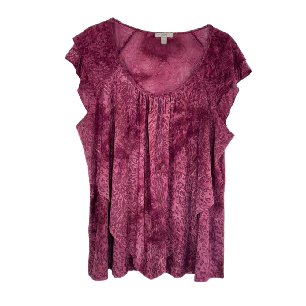 Roz & Ali Butterfly Sleeve Burgundy Animal Print Blouse